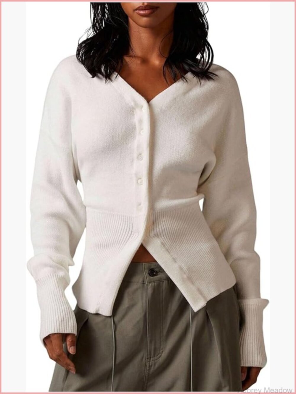 V-Neck Button Cardigan Long Sleeve Cinched Waist Knit Top Fall Winter